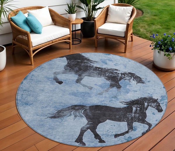 Homeroots 3' X 5' Horse Design Washable Area Rug - Stylish Indoor Outdoor Accent For Home & Patio Spaces Denim Polyester 618645