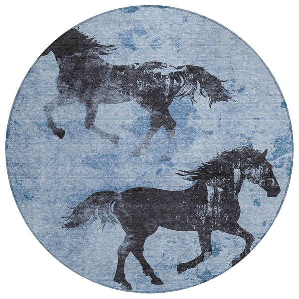 HomeRoots 5' Denim Blue and Charcoal Horse Area Rug – Stylish, Washable Indoor/Outdoor Accent for Any Space 8' Round 618645