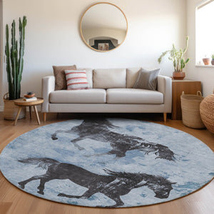 Homeroots 3' X 5' Horse Design Washable Area Rug - Stylish Indoor Outdoor Accent For Home & Patio Spaces Denim Polyester 618645