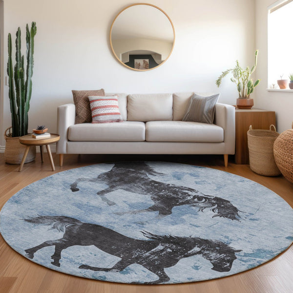 Homeroots 3' X 5' Horse Design Washable Area Rug - Stylish Indoor Outdoor Accent For Home & Patio Spaces Denim Polyester 618645