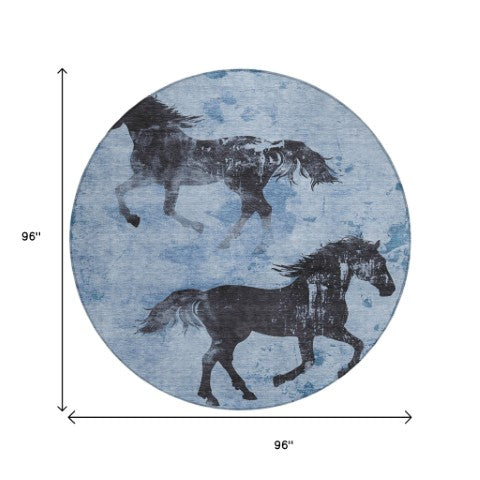 Homeroots 3' X 5' Horse Design Washable Area Rug - Stylish Indoor Outdoor Accent For Home & Patio Spaces Denim Polyester 618645