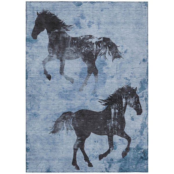 HomeRoots 5' Denim Blue and Charcoal Horse Area Rug – Stylish, Washable Indoor/Outdoor Accent for Any Space 8' X 10' 618646