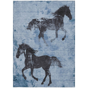 Homeroots 3' X 5' Horse Design Washable Area Rug - Stylish Indoor Outdoor Accent For Home & Patio Spaces Denim Polyester 618646
