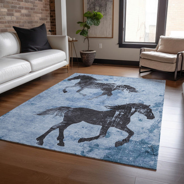 Homeroots 3' X 5' Horse Design Washable Area Rug - Stylish Indoor Outdoor Accent For Home & Patio Spaces Denim Polyester 618646