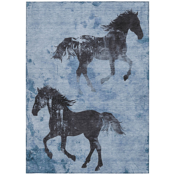 Homeroots 3' X 5' Horse Design Washable Area Rug - Stylish Indoor Outdoor Accent For Home & Patio Spaces Denim Polyester 618647