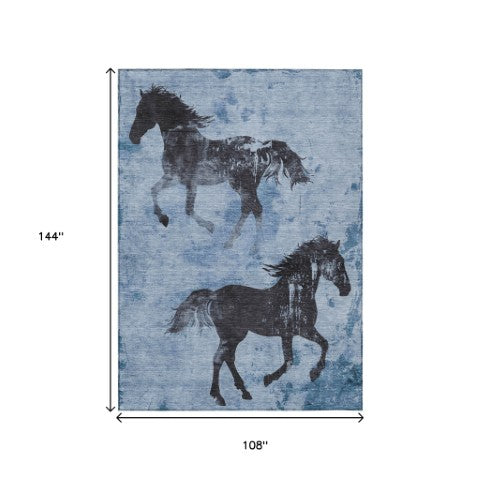 Homeroots 3' X 5' Horse Design Washable Area Rug - Stylish Indoor Outdoor Accent For Home & Patio Spaces Denim Polyester 618647
