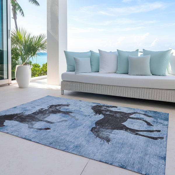 Homeroots 3' X 5' Horse Design Washable Area Rug - Stylish Indoor Outdoor Accent For Home & Patio Spaces Denim Polyester 618647
