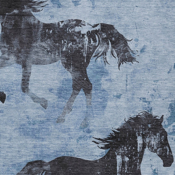 Homeroots 3' X 5' Horse Design Washable Area Rug - Stylish Indoor Outdoor Accent For Home & Patio Spaces Denim Polyester 618647