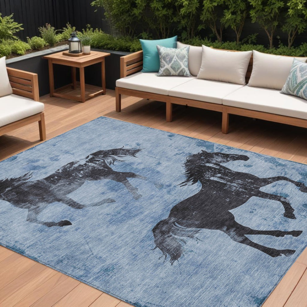 HomeRoots 5' Denim Blue and Charcoal Horse Area Rug – Stylish, Washable Indoor/Outdoor Accent for Any Space 10' X 14' 618648