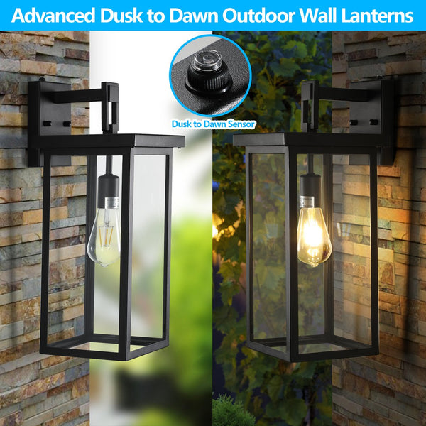 English Elm 20"(H) Set Of 2 Modern Outdoor Wall Lanterns - Black Metal Frame, Clear Glass, Dusk-To-Dawn Sensors W2312P374777