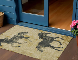 Homeroots 3' X 5' Horse Design Washable Area Rug - Stylish Indoor Outdoor Accent For Home & Patio Spaces Gold Polyester 618649