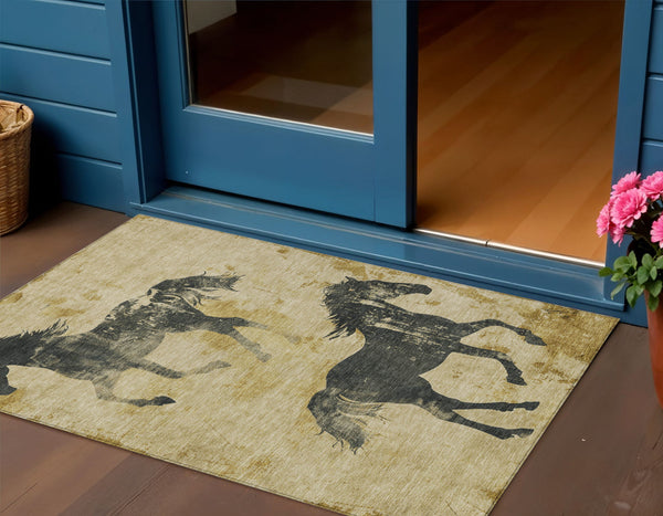 Homeroots 3' X 5' Horse Design Washable Area Rug - Stylish Indoor Outdoor Accent For Home & Patio Spaces Gold Polyester 618649