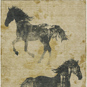 Homeroots 3' X 5' Horse Design Washable Area Rug - Stylish Indoor Outdoor Accent For Home & Patio Spaces Gold Polyester 618650