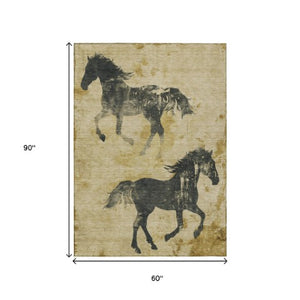 Homeroots 3' X 5' Horse Design Washable Area Rug - Stylish Indoor Outdoor Accent For Home & Patio Spaces Gold Polyester 618650