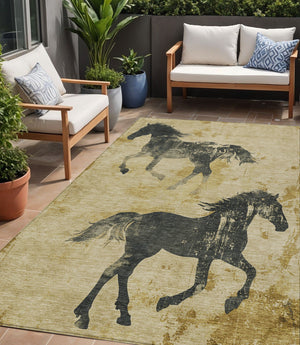Homeroots 3' X 5' Horse Design Washable Area Rug - Stylish Indoor Outdoor Accent For Home & Patio Spaces Gold Polyester 618650