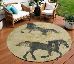 Homeroots 3' X 5' Horse Design Washable Area Rug - Stylish Indoor Outdoor Accent For Home & Patio Spaces Gold Polyester 618651