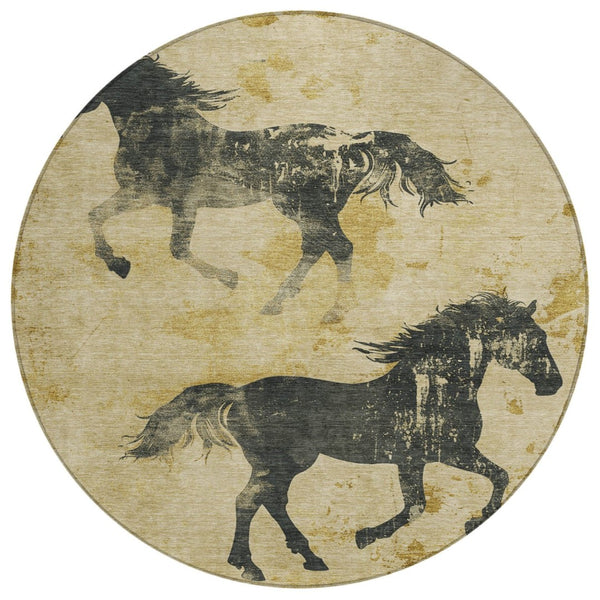 HomeRoots 5' Gold and Charcoal Horse Washable Area Rug – Durable, Stylish Indoor/Outdoor Decor for Any Space 8' Round 618651