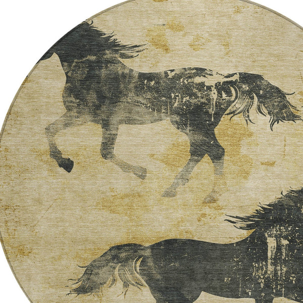 Homeroots 3' X 5' Horse Design Washable Area Rug - Stylish Indoor Outdoor Accent For Home & Patio Spaces Gold Polyester 618651