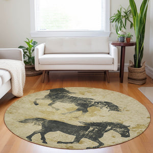 Homeroots 3' X 5' Horse Design Washable Area Rug - Stylish Indoor Outdoor Accent For Home & Patio Spaces Gold Polyester 618651