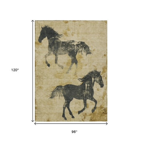 Homeroots 3' X 5' Horse Design Washable Area Rug - Stylish Indoor Outdoor Accent For Home & Patio Spaces Gold Polyester 618652