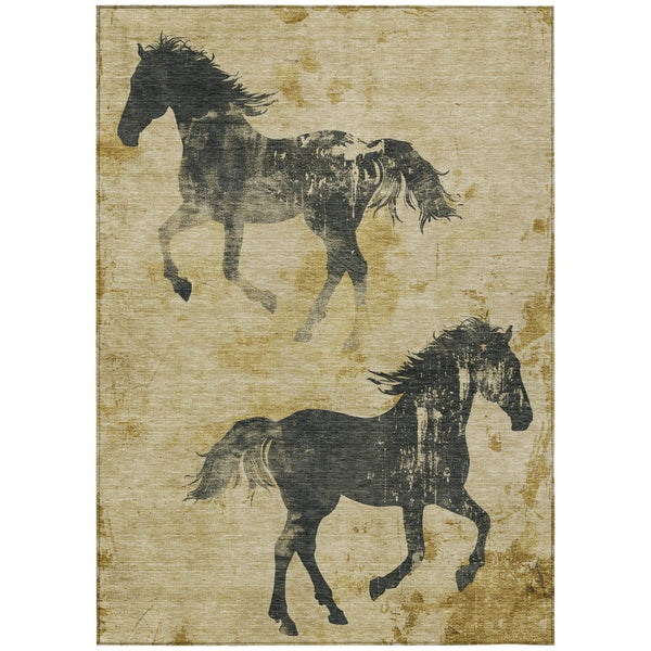HomeRoots 5' Gold and Charcoal Horse Washable Area Rug – Durable, Stylish Indoor/Outdoor Decor for Any Space 8' X 10' 618652