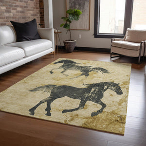 Homeroots 3' X 5' Horse Design Washable Area Rug - Stylish Indoor Outdoor Accent For Home & Patio Spaces Gold Polyester 618652