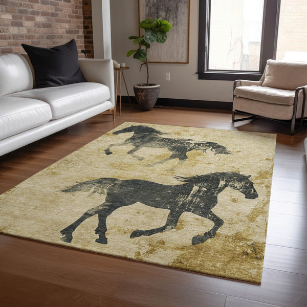 Homeroots 3' X 5' Horse Design Washable Area Rug - Stylish Indoor Outdoor Accent For Home & Patio Spaces Gold Polyester 618652