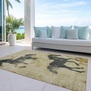 Homeroots 3' X 5' Horse Design Washable Area Rug - Stylish Indoor Outdoor Accent For Home & Patio Spaces Gold Polyester 618653