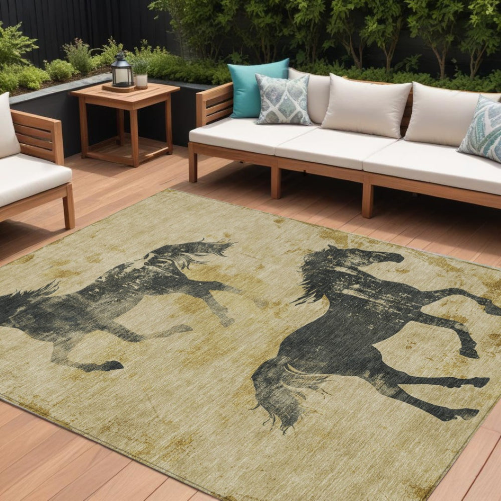 HomeRoots 5' Gold and Charcoal Horse Washable Area Rug – Durable, Stylish Indoor/Outdoor Decor for Any Space 10' X 14' 618654