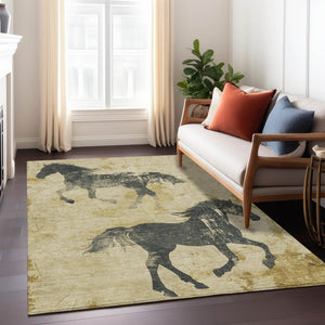 Homeroots 3' X 5' Horse Design Washable Area Rug - Stylish Indoor Outdoor Accent For Home & Patio Spaces Gold Polyester 618654