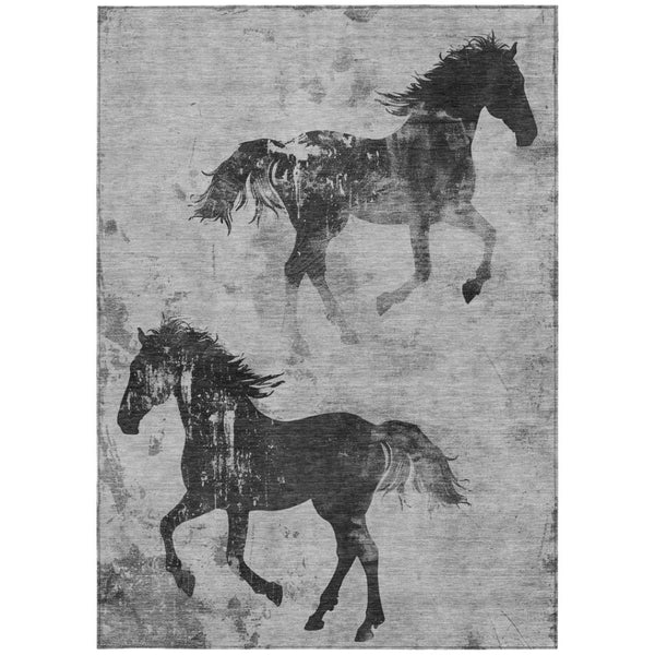 Homeroots 3' X 5' Horse Design Washable Area Rug - Stylish Indoor Outdoor Accent For Home & Patio Spaces Gray Polyester 618655