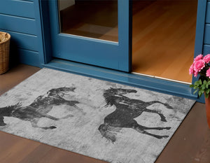 Homeroots 3' X 5' Horse Design Washable Area Rug - Stylish Indoor Outdoor Accent For Home & Patio Spaces Gray Polyester 618655