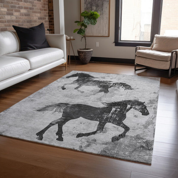 Homeroots 3' X 5' Horse Design Washable Area Rug - Stylish Indoor Outdoor Accent For Home & Patio Spaces Gray Polyester 618656