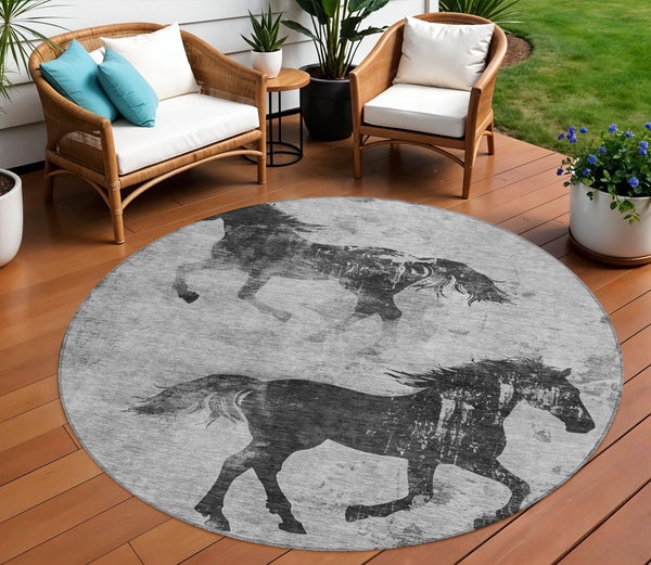 Homeroots 3' X 5' Horse Design Washable Area Rug - Stylish Indoor Outdoor Accent For Home & Patio Spaces Gray Polyester 618657