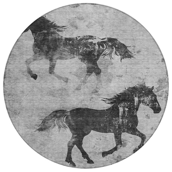 HomeRoots 5' Gray and Charcoal Horse Area Rug - Durable, Washable, Indoor/Outdoor Design for Stylish Spaces 8' Round 618657