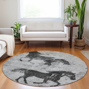 Homeroots 3' X 5' Horse Design Washable Area Rug - Stylish Indoor Outdoor Accent For Home & Patio Spaces Gray Polyester 618657