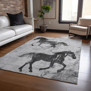 Homeroots 3' X 5' Horse Design Washable Area Rug - Stylish Indoor Outdoor Accent For Home & Patio Spaces Gray Polyester 618658