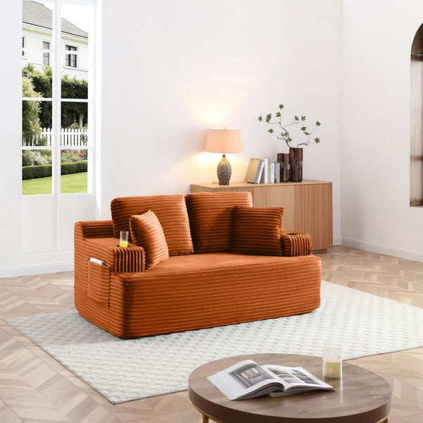 English Elm Boneless Floor Sofa Corduroy Upholstered 5 Seat with Cup Holders and Side Pockets W1117S00432