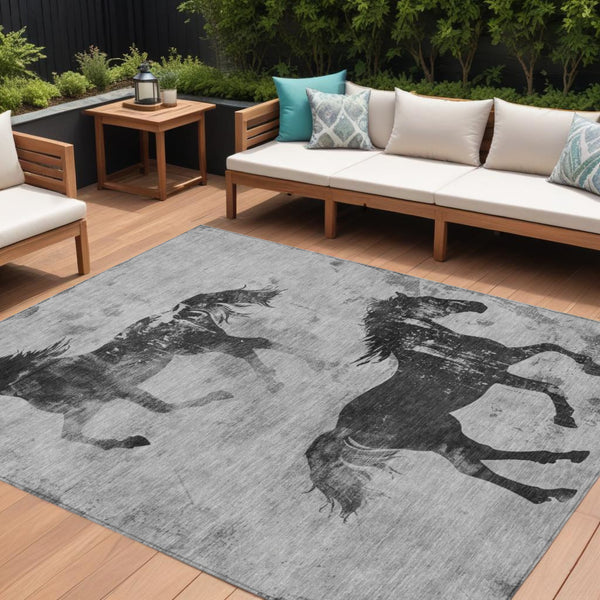 Homeroots 3' X 5' Horse Design Washable Area Rug - Stylish Indoor Outdoor Accent For Home & Patio Spaces Gray Polyester 618659