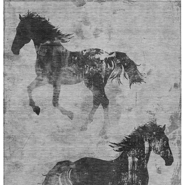 Homeroots 3' X 5' Horse Design Washable Area Rug - Stylish Indoor Outdoor Accent For Home & Patio Spaces Gray Polyester 618660