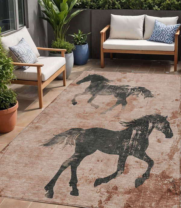 Homeroots 3' X 5' Horse Design Washable Area Rug - Stylish Indoor Outdoor Accent For Home & Patio Spaces Paprika Polyester 618662