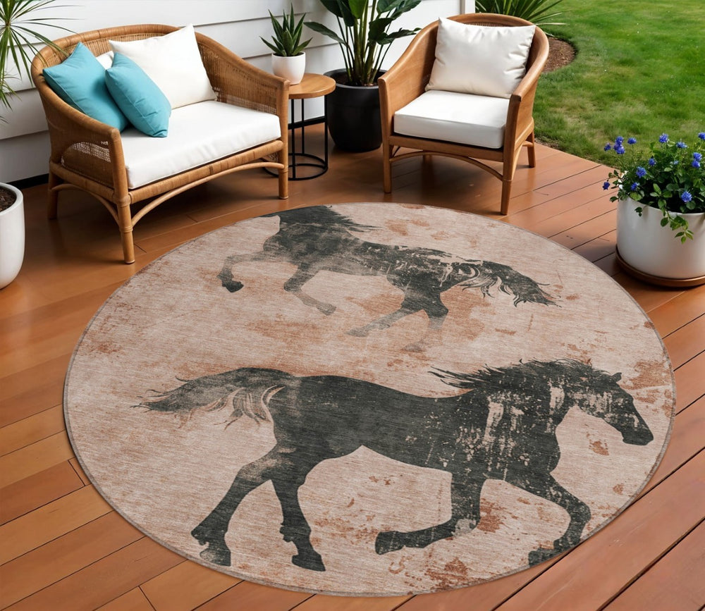 HomeRoots 5' Rustic Horse Motif Indoor Outdoor Area Rug in Warm Rust and Charcoal - Durable and Washable Decor 8' Round 618663