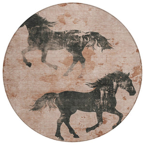 HomeRoots 5' Rustic Horse Motif Indoor Outdoor Area Rug in Warm Rust and Charcoal - Durable and Washable Decor 8' Round 618663