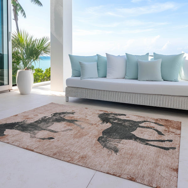 Homeroots 3' X 5' Horse Design Washable Area Rug - Stylish Indoor Outdoor Accent For Home & Patio Spaces Paprika Polyester 618665