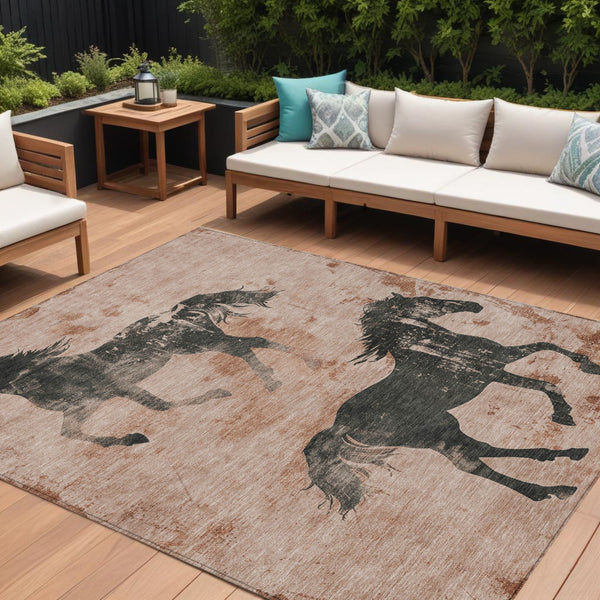 Homeroots 3' X 5' Horse Design Washable Area Rug - Stylish Indoor Outdoor Accent For Home & Patio Spaces Paprika Polyester 618666