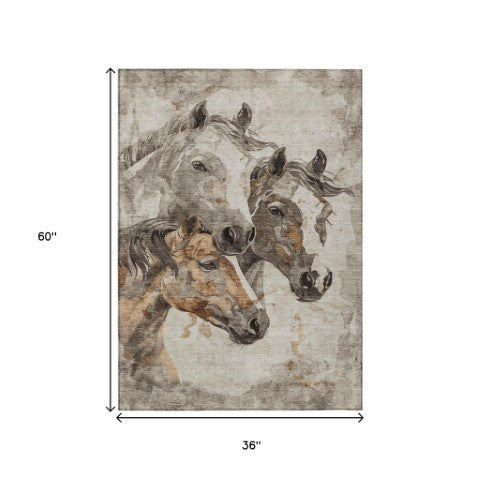 Homeroots 3' Horse Design Washable Area Rug - Stylish Indoor/Outdoor Decor For High Traffic Spaces Beige Polyester 618667