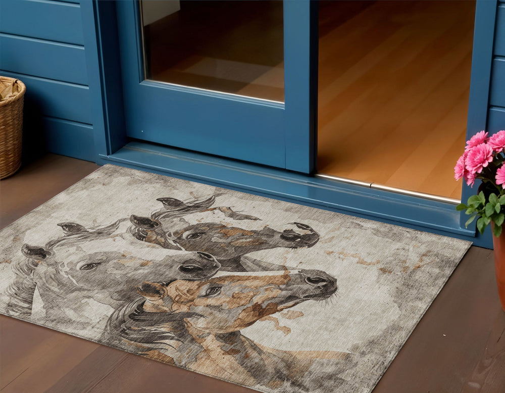 Homeroots 3' Horse Design Washable Area Rug - Stylish Indoor/Outdoor Decor For High Traffic Spaces Beige Polyester 618667
