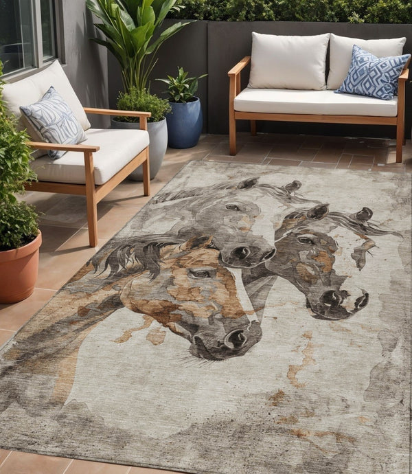 HomeRoots 5' Stylish Beige and Gray Horse Area Rug – Washable, Durable, Perfect for Indoor and Outdoor Spaces 5' X 8' 618668