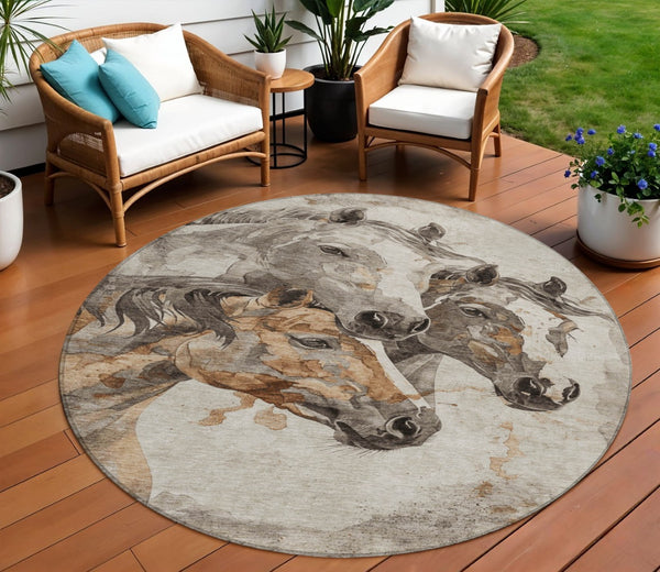HomeRoots 5' Stylish Beige and Gray Horse Area Rug – Washable, Durable, Perfect for Indoor and Outdoor Spaces 8' Round 618669