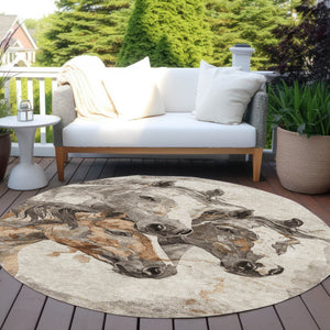 HomeRoots 5' Stylish Beige and Gray Horse Area Rug – Washable, Durable, Perfect for Indoor and Outdoor Spaces 8' Round 618669